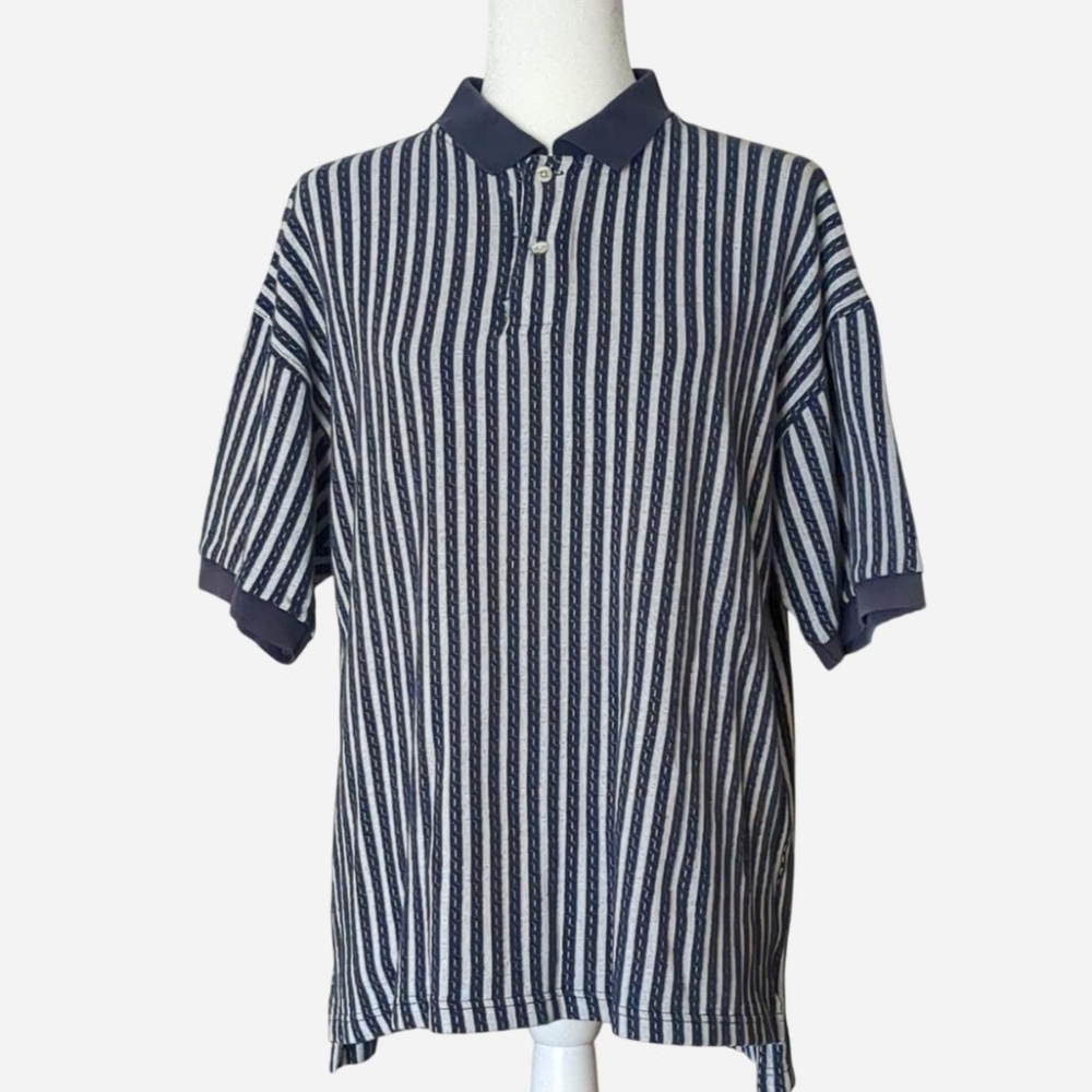 Vintage 90s PIVOT RULES Vertical Striped Knit Polo - Retro Oversized Aesthetic L
